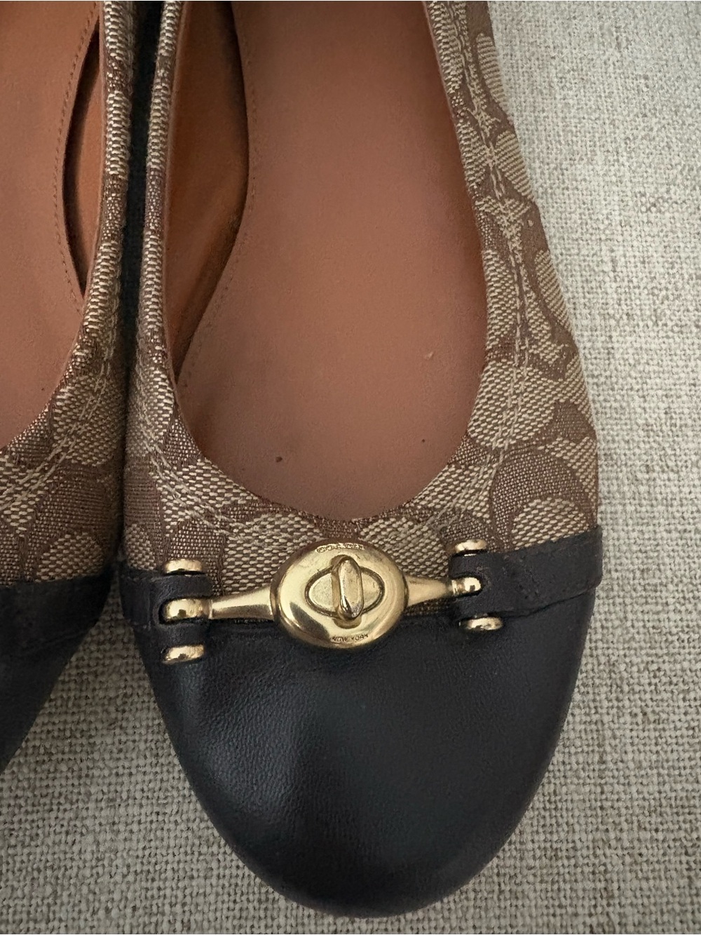 Signature Monogram Brown & Beige Women's Ballet Flats with Gold Lock Accent - Picture 3 of 5